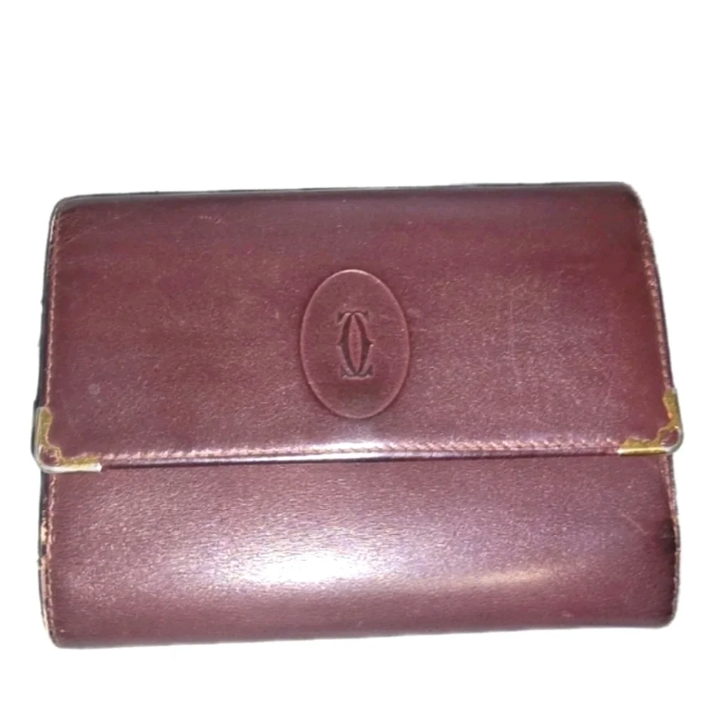 Authentic Vintage Large Cartier Burgundy Leather Wallet With Kisslock Coin Pouch